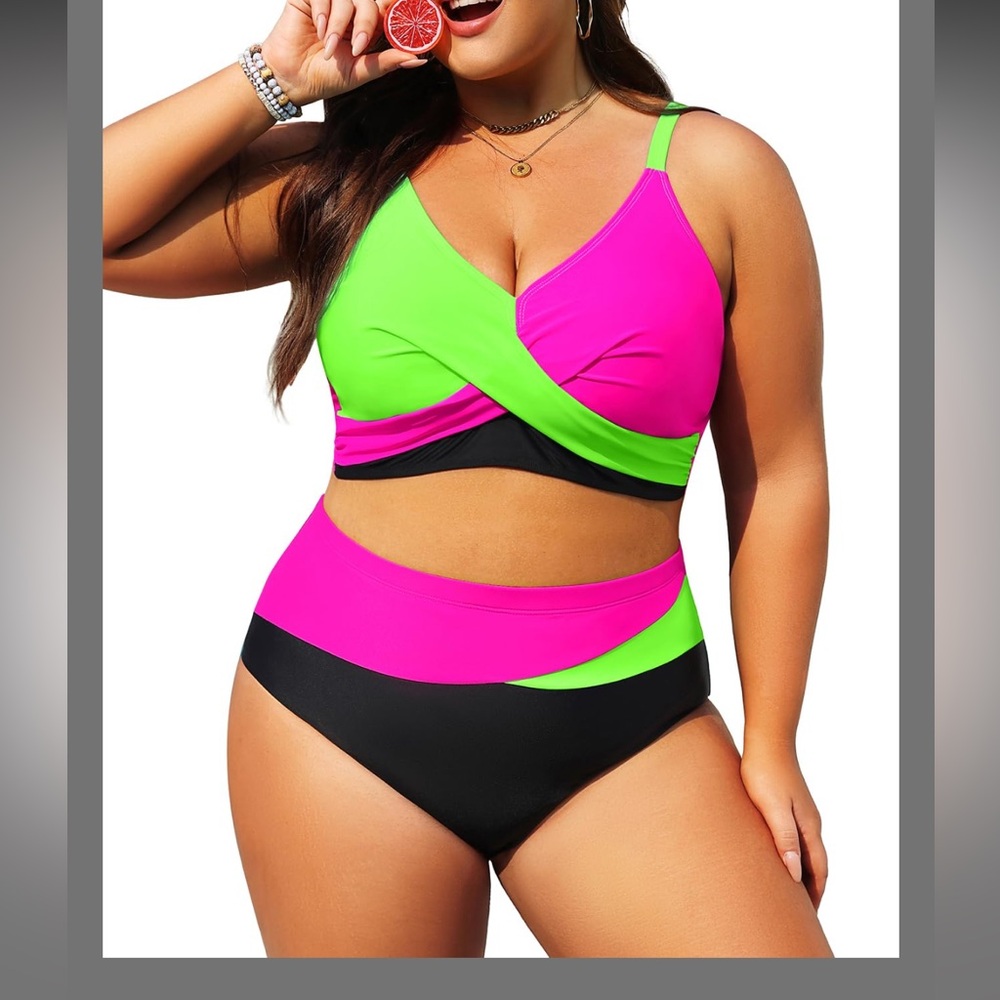 Green Pink Black Women High Waisted Bikini Set Tummy Control Bathing Suits